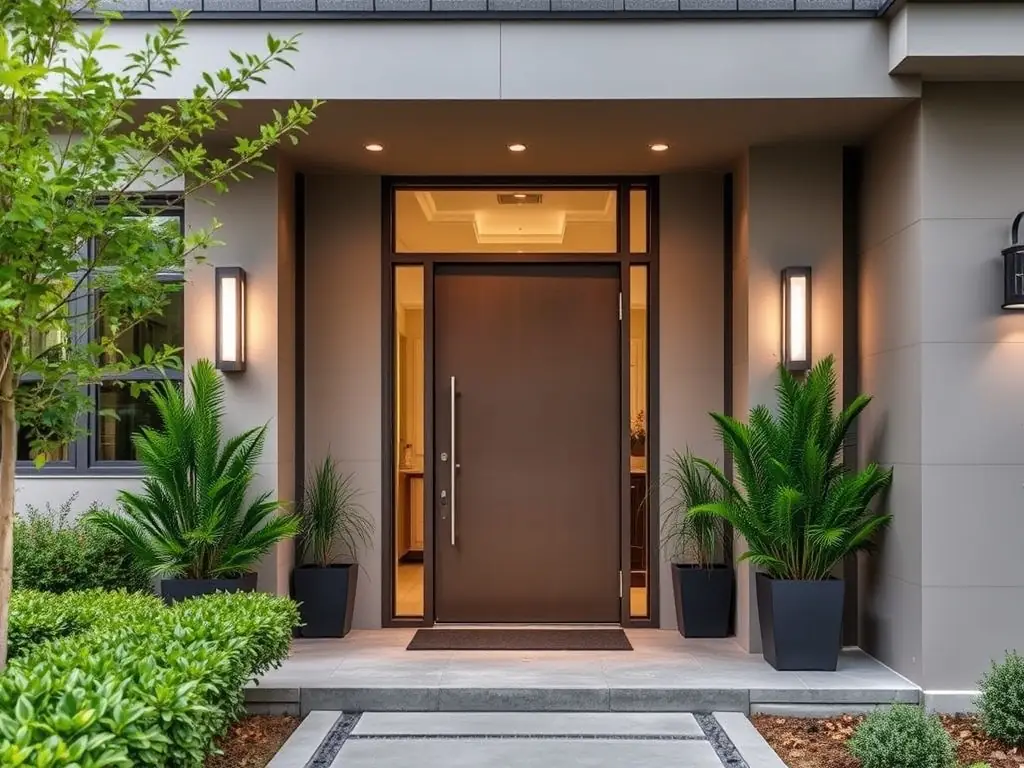 A bright, stylish entryway featuring a custom-designed steel and glass door installed in a contemporary home, showcasing both aesthetic appeal and robust construction.