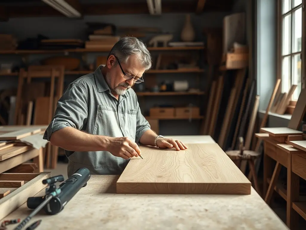 A skilled craftsman in a modern workshop carefully assembling a solid wood door, surrounded by precision tools and high-quality materials, highlighting attention to detail and expert workmanship.